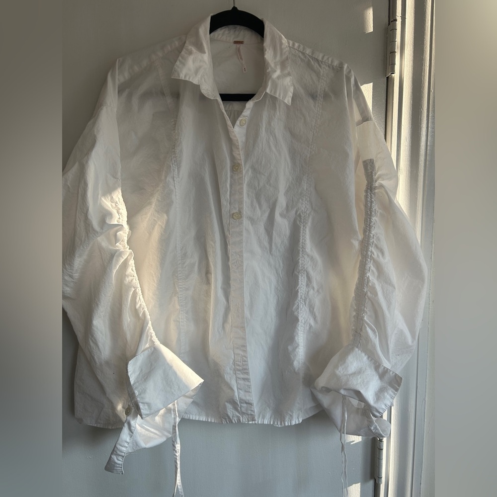 Free People White Button-Up Lace-Trim Blouse
